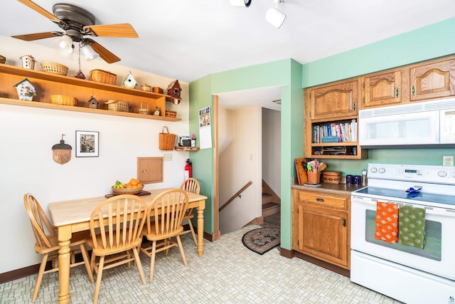 kitchen with brown cabinetry, white appliances, ceiling fan, and open shelves