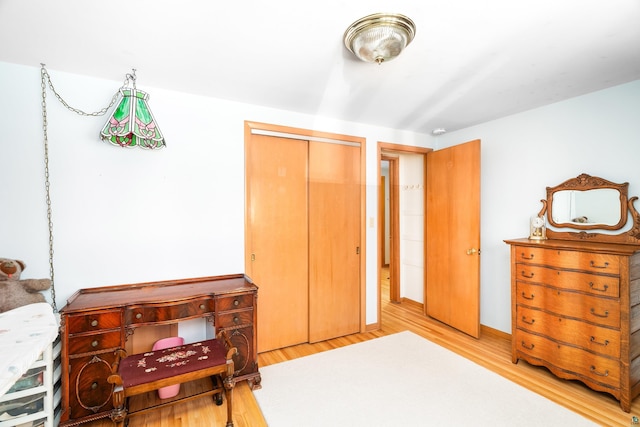 bedroom featuring wood finished floors and a closet