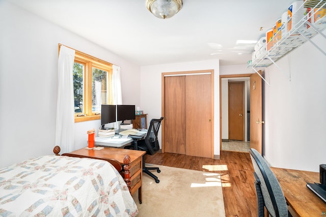 bedroom with wood finished floors and a closet