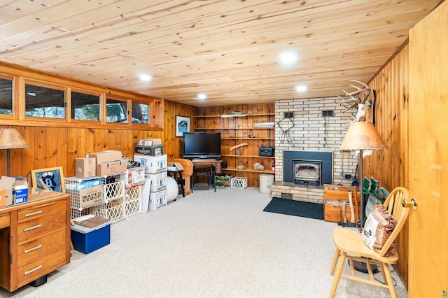 living area featuring wooden ceiling, wooden walls, recessed lighting, and carpet