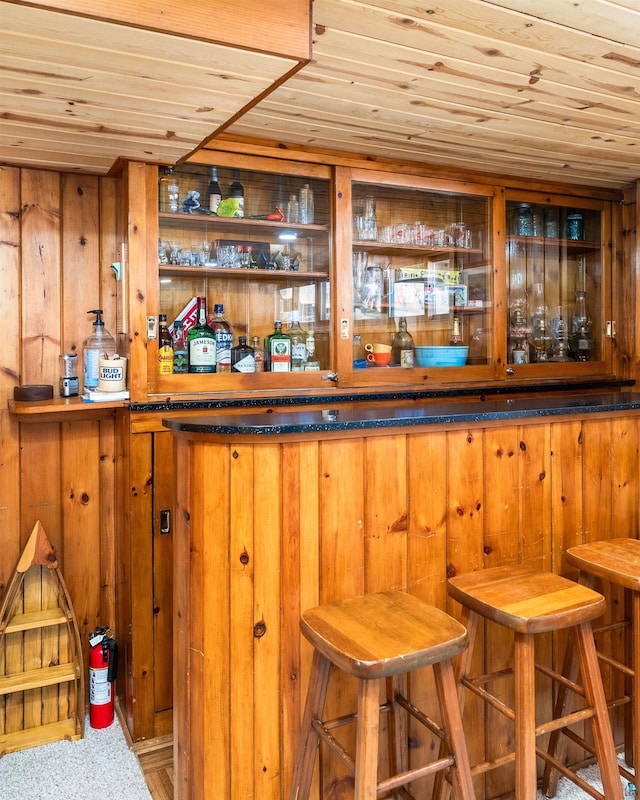 bar featuring a dry bar, wooden ceiling, and wood walls