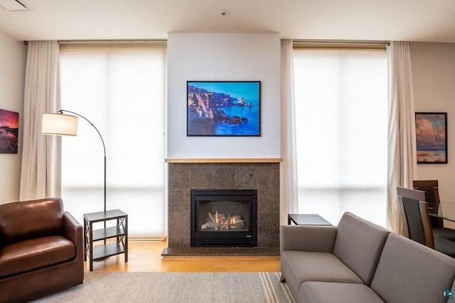 living area with a glass covered fireplace, floor to ceiling windows, and wood finished floors