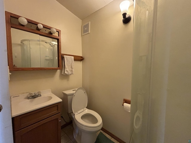 full bathroom featuring tile patterned flooring, visible vents, a shower stall, toilet, and vanity