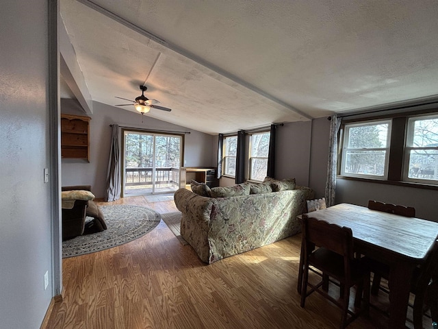 living area with a textured ceiling, a ceiling fan, lofted ceiling, and wood finished floors