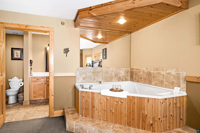 full bath with a bath, tile patterned floors, toilet, and wooden ceiling