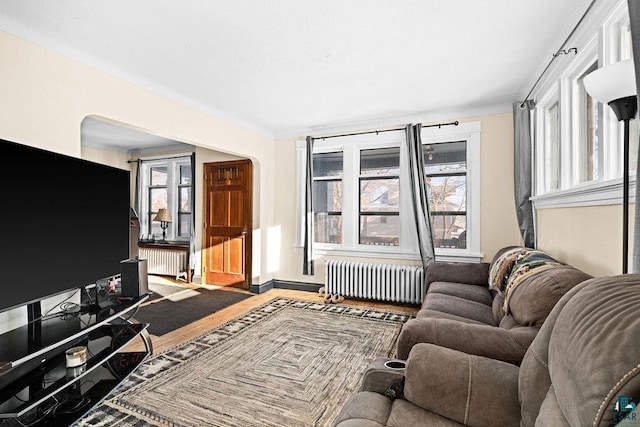 living room featuring arched walkways, wood finished floors, and radiator heating unit