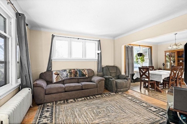 living room with a notable chandelier, radiator, wood finished floors, and ornamental molding