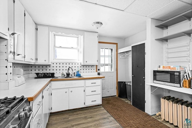 kitchen featuring a sink, open shelves, dark wood-style floors, white cabinets, and light countertops