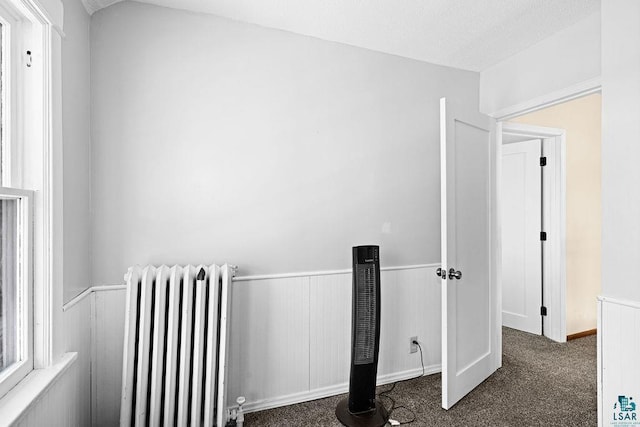 carpeted spare room featuring wainscoting, radiator, and lofted ceiling