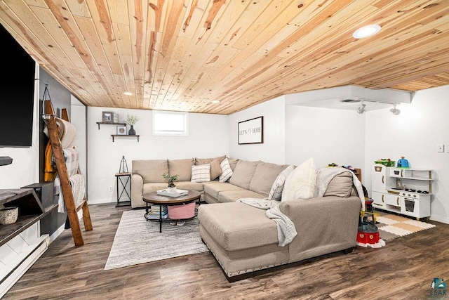 living room with a baseboard heating unit, wood finished floors, wooden ceiling, and track lighting