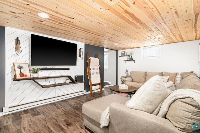 living area featuring wood walls, wooden ceiling, and wood finished floors