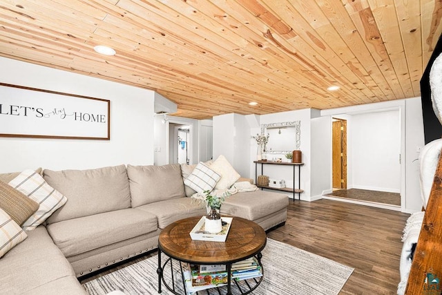 living room featuring wooden ceiling, recessed lighting, wood finished floors, and baseboards