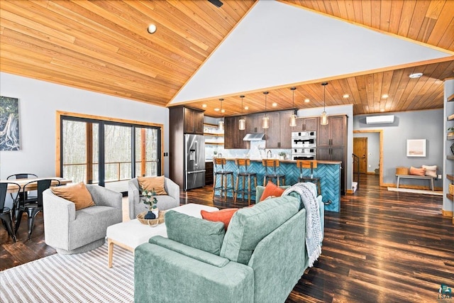 living area featuring wooden ceiling, recessed lighting, dark wood-type flooring, and high vaulted ceiling