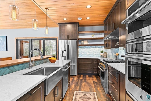 kitchen with under cabinet range hood, stainless steel appliances, wooden ceiling, light countertops, and dark brown cabinets