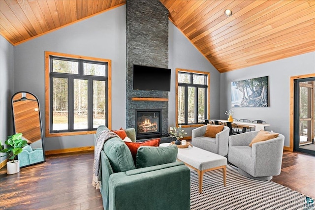 living room with a stone fireplace, a healthy amount of sunlight, baseboards, and wood finished floors