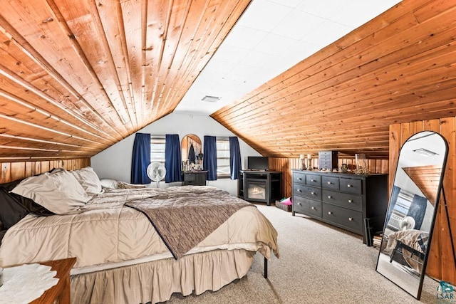 bedroom featuring visible vents, wood ceiling, lofted ceiling, and carpet floors