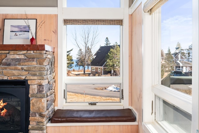 entryway with a fireplace