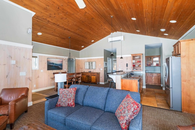 living room featuring high vaulted ceiling, a wall mounted AC, recessed lighting, wooden ceiling, and wood walls