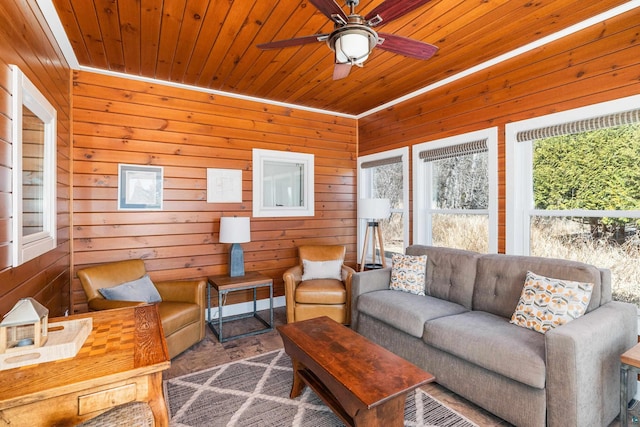 living area with wood walls, wooden ceiling, and ceiling fan