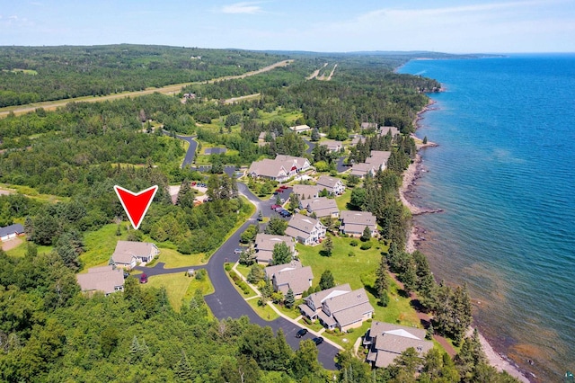 birds eye view of property featuring a residential view and a water view