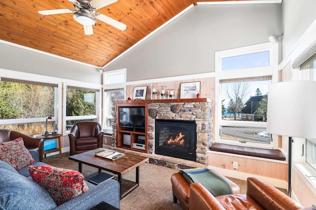 living area with a ceiling fan, wooden ceiling, a fireplace, and high vaulted ceiling