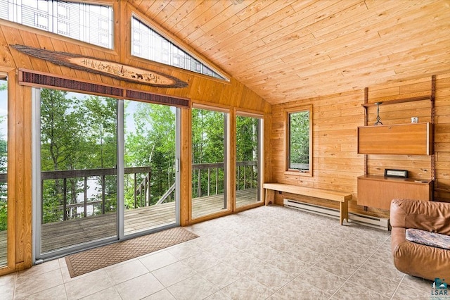 unfurnished sunroom featuring high vaulted ceiling, wood ceiling, wood walls, and baseboard heating