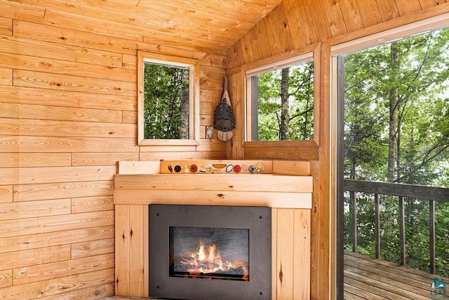 room details with wood walls and a glass covered fireplace