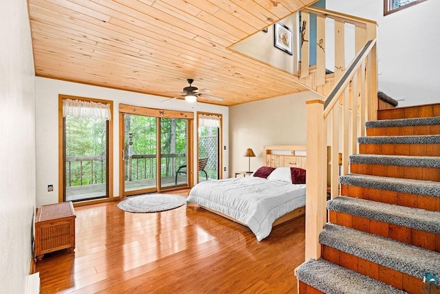 bedroom with wood finished floors, wood ceiling, and access to outside