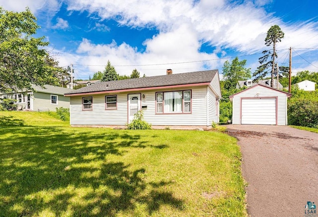 54 Banks Blvd, Silver Bay, MN 55614 - ranch-style house with driveway, a front yard, a chimney, an outdoor structure, and a detached garage