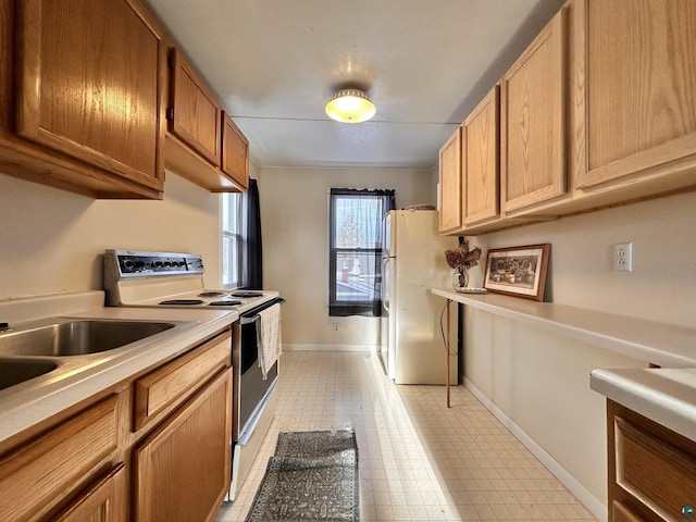 1923 W 6th St, Ashland, WI 54806 - kitchen with brown cabinets, light countertops, white appliances, and baseboards
