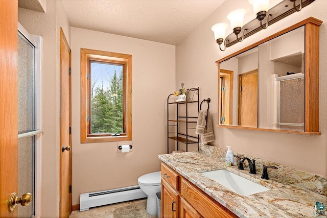 2755 County Road 1, Wrenshall, MN 55797 - bathroom featuring a textured ceiling, a baseboard heating unit, a stall shower, and vanity