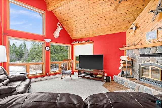 2755 County Road 1, Wrenshall, MN 55797 - living room featuring a stone fireplace, a baseboard heating unit, carpet flooring, high vaulted ceiling, and wooden ceiling