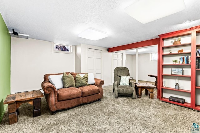 carpeted living room with a textured ceiling