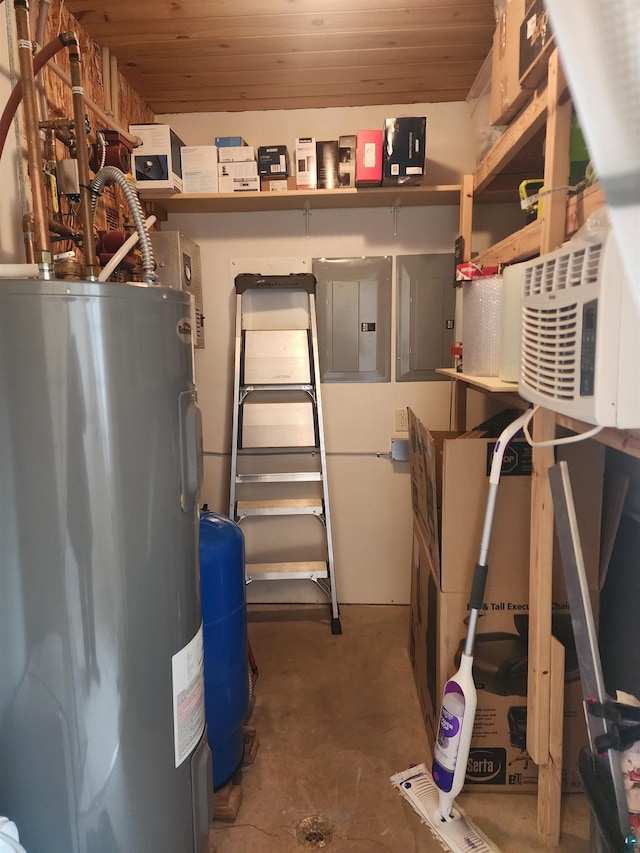 storage room with electric panel and electric water heater