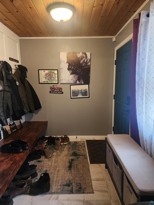 mudroom featuring crown molding and wood ceiling
