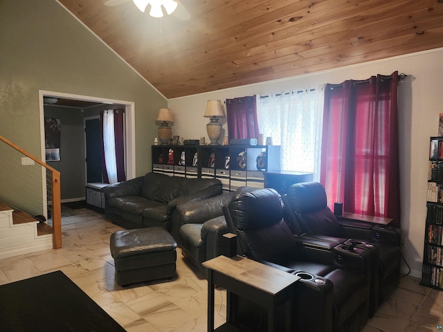 living room featuring a ceiling fan, stairway, wooden ceiling, marble finish floor, and lofted ceiling
