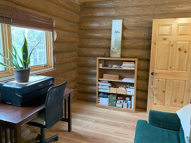 8352 Old Gunflint Trl, Grand Marais, MN 55604 - office area with hardwood / wood-style floors and rustic walls