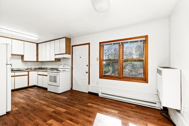 kitchen featuring white appliances, dark wood-type flooring, white cabinets, under cabinet range hood, and a baseboard radiator