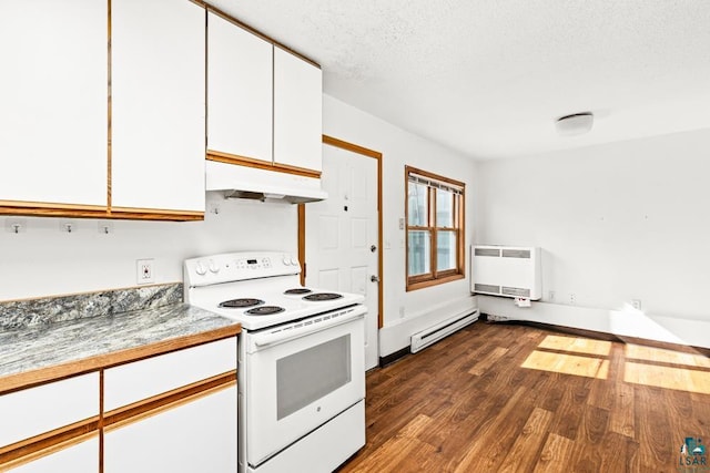 kitchen featuring dark wood-style floors, white cabinets, under cabinet range hood, a baseboard radiator, and white range with electric cooktop