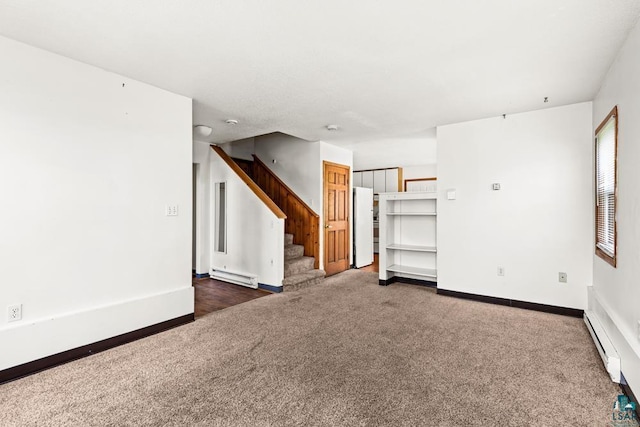 unfurnished living room featuring baseboards, a baseboard radiator, carpet floors, stairway, and a baseboard heating unit