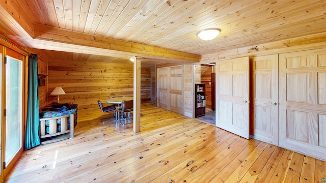 additional living space with hardwood / wood-style floors, wood walls, and wooden ceiling