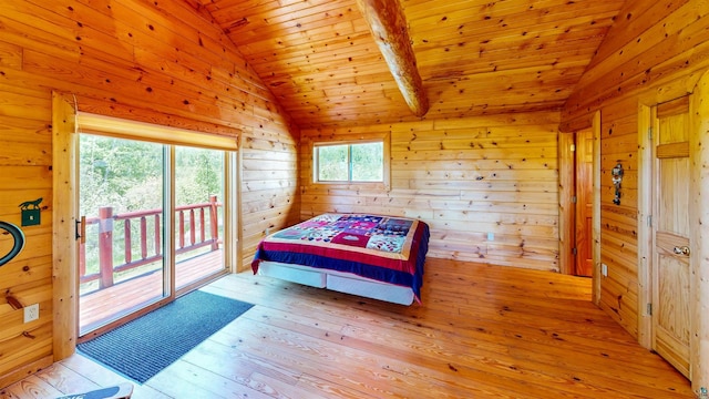 bedroom with wooden walls, vaulted ceiling, access to exterior, wood-type flooring, and wood ceiling