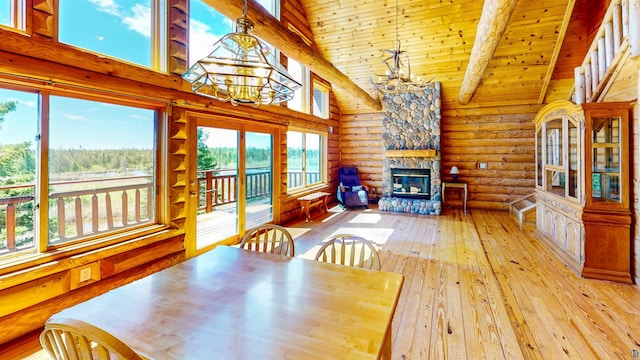 dining space featuring light wood-style floors, a notable chandelier, beamed ceiling, log walls, and wooden ceiling