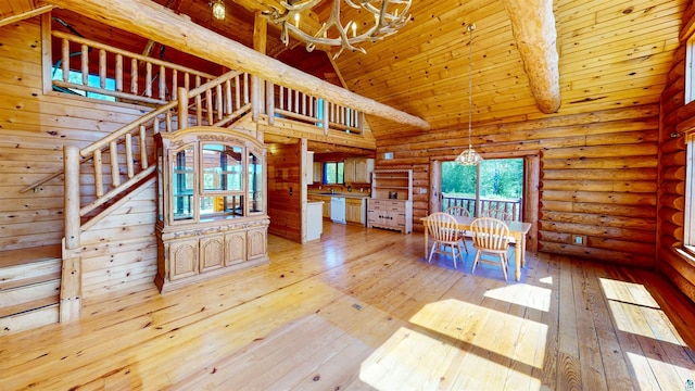 unfurnished living room featuring hardwood / wood-style floors, stairway, wood ceiling, a chandelier, and high vaulted ceiling