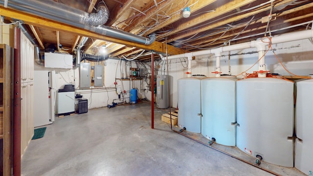 unfinished below grade area featuring water heater and electric panel