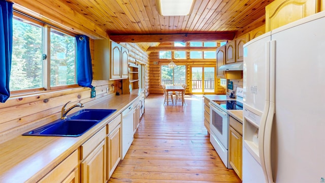 kitchen featuring a sink, rustic walls, light wood-style floors, white appliances, and wooden ceiling