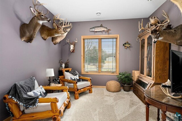 sitting room with carpet floors and baseboards