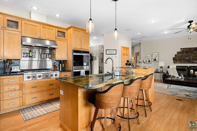 kitchen featuring a sink, ceiling fan, light wood finished floors, appliances with stainless steel finishes, and under cabinet range hood