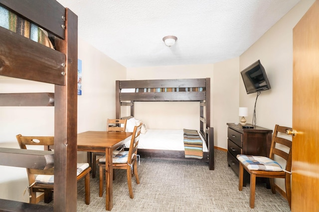 carpeted bedroom with a textured ceiling