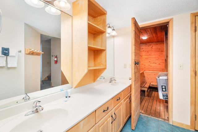 full bathroom featuring tile patterned floors, wooden walls, a sink, and double vanity